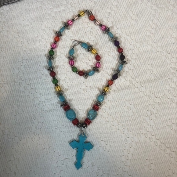 Artisan Art Deco Boho Beaded Turquoise Cross Necklace & Bracelet - Picture 7 of 12